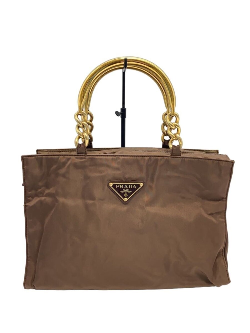 Prada Tessuto tote bag prominent goldtone chain handles Brown
